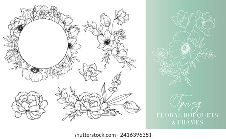 Dibujo de líneas de las flores de primavera. Marcos florales y Bouquets. Arte De Línea Floral. Marco De Primavera De Línea Fina Ilustración Dibujada A Mano. Flores de contorno dibujadas a mano. Elemento de diseño Invitaciones a bodas y tarjetas