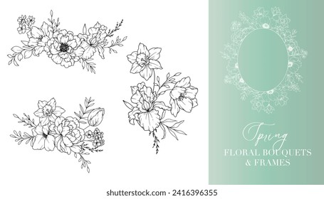 Spring Flowers Line Drawing. Floral Frames and Bouquets. Floral Line Art. Fine Line Spring Frames Hand Drawn Illustration. Hand Drawn Outline Flowers. Wedding Invitations and Cards design element