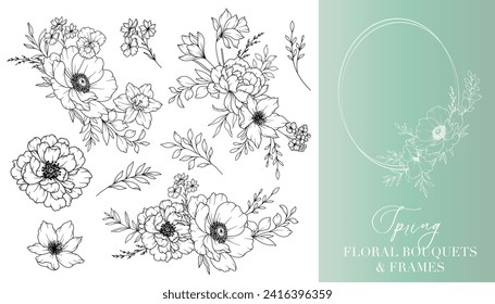 Spring Flowers Line Drawing. Floral Frames and Bouquets. Floral Line Art. Fine Line Spring Frames Hand Drawn Illustration. Hand Drawn Outline Flowers. Wedding Invitations and Cards design element