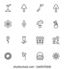 Spring flowers line icons set. linear style symbols collection, outline signs pack. vector graphics. Set includes icons as growing plant in soil, tree, houseplant, cactus, flower pot, leaf, sprout