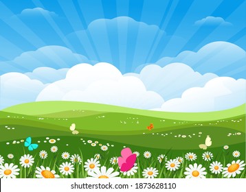 Spring flowers meadow landscape. Green nature background with easter flowering, summer morning backdrop with trees, sky and flower field