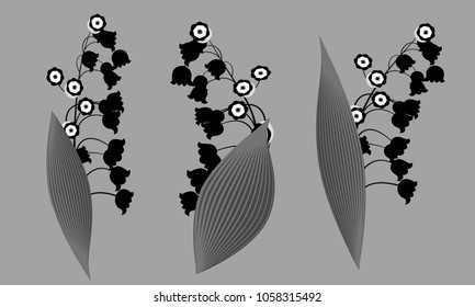 Spring Flowers. Monochrome Illustration with Lily of the Valley. Beautiful Template with Convallaria Flowers. May Lily in Hipster Style for Spring Design, Card, Greeting, Invitation, Wedding, Poster.