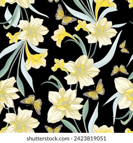 Spring flowers narcissus. floral seamless pattern. Bright colors. Print for fabric, packaging, wallpaper, dishes, home textiles.