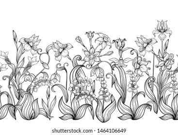 Spring flowers. Narcissus, Iris flower, lily of the valley, may-lily, Seamless pattern, background. Outline hand drawing vector illustration. In art nouveau style, vintage, old, retro style.	