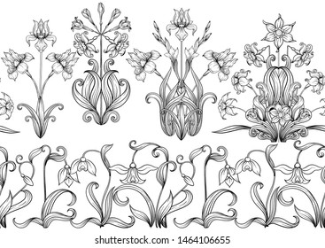 Spring flowers. Narcissus, Iris flower, lily of the valley, may-lily, Seamless pattern, background. Outline hand drawing vector illustration. In art nouveau style, vintage, old, retro style.	