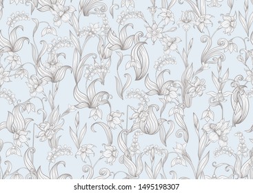 Spring flowers. Narcissus, Iris flower, lily of the valley, may-lily, Seamless pattern, background. In vintage beige colors.. Vector illustration. In art nouveau style, vintage, old, retro style.	