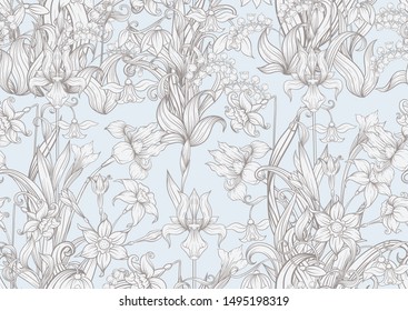 Spring flowers. Narcissus, Iris flower, lily of the valley, may-lily, Seamless pattern, background. In vintage beige colors.. Vector illustration. In art nouveau style, vintage, old, retro style.	