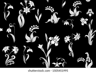 Spring flowers. Narcissus, Iris flower, lily of the valley, may-lily, Seamless pattern, background. Black and white graphics. Vector illustration. In art nouveau style, vintage, old, retro style.	