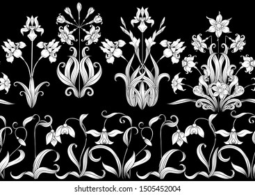 Spring flowers. Narcissus, Iris flower, lily of the valley, may-lily, Seamless pattern, background. Black and white graphics. Vector illustration. In art nouveau style, vintage, old, retro style.	