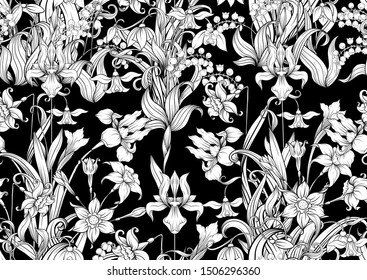 Spring flowers. Narcissus, Iris flower, lily of the valley, may-lily, Seamless pattern, background. Black and white graphics. Vector illustration. In art nouveau style, vintage, old, retro style.	