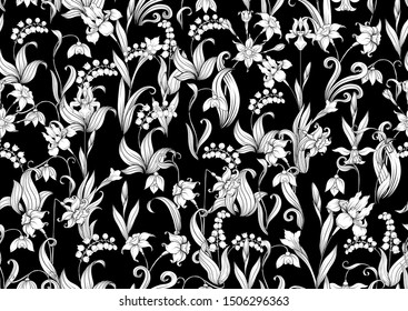 Spring flowers. Narcissus, Iris flower, lily of the valley, may-lily, Seamless pattern, background. Black and white graphics. Vector illustration. In art nouveau style, vintage, old, retro style.	