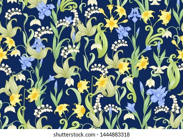 Spring flowers. Narcissus, Iris, lily of the valley, may-lily, Seamless pattern, background. Vector illustration. In art nouveau style, vintage, old, retro style. On navy blue background.	