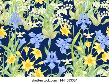 Spring flowers. Narcissus, Iris, lily of the valley, may-lily, Seamless pattern, background. Vector illustration. In art nouveau style, vintage, old, retro style. On navy blue background.	