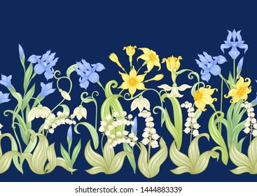 Spring flowers. Narcissus, Iris, lily of the valley, may-lily, Seamless pattern, background. Vector illustration. In art nouveau style, vintage, old, retro style. On navy blue background.	