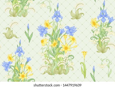 Spring flowers. Narcissus, Iris, lily of the valley, may-lily, Seamless pattern, background. Vector illustration. In art nouveau style, vintage, old, retro style. On soft green background.	