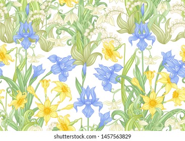 Spring flowers. Narcissus, Iris, lily of the valley, may-lily, Seamless pattern, background. Vector illustration. In art nouveau style, vintage, old, retro style. Isolated on white background.	