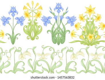 Spring flowers. Narcissus, Iris, lily of the valley, may-lily, Seamless pattern, background. Vector illustration. In art nouveau style, vintage, old, retro style. Isolated on white background.	