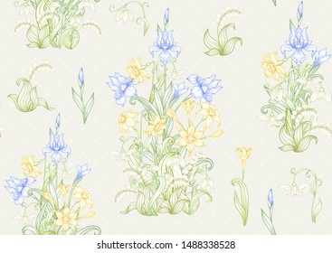 Spring flowers. Narcissus, Iris, lily of the valley, may-lily, Seamless pattern, background. Vector illustration. In art nouveau style, vintage, old, retro style. On soft grey background.	