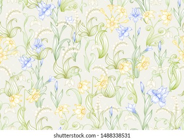 Spring flowers. Narcissus, Iris, lily of the valley, may-lily, Seamless pattern, background. Vector illustration. In art nouveau style, vintage, old, retro style. On soft grey background.	