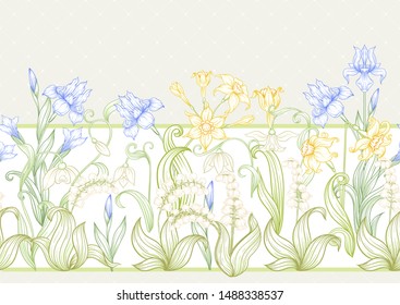 Spring flowers. Narcissus, Iris, lily of the valley, may-lily, Seamless pattern, background. Vector illustration. In art nouveau style, vintage, old, retro style. On soft grey background.	