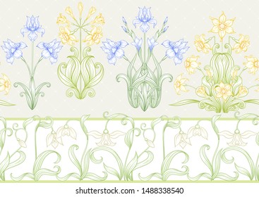 Spring flowers. Narcissus, Iris, lily of the valley, may-lily, Seamless pattern, background. Vector illustration. In art nouveau style, vintage, old, retro style. On soft grey background.	