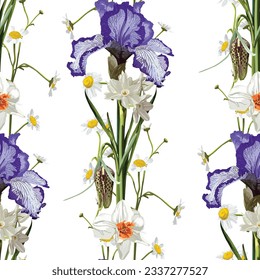 Spring flowers. Narcissus, Iris, lily of the valley, may-lily, Seamless pattern, background. Vintage, old, retro style. Isolated on white background.