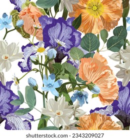 Spring flowers. Narcissus, Iris, lily of the valley, may-lily, poppy. Seamless pattern, background. Vintage, old, retro style. Isolated on white background.