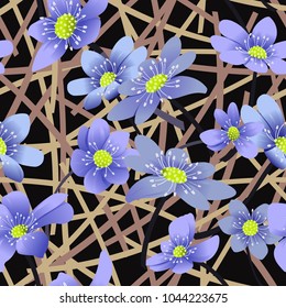 
Spring flowers on the background of the earth and dry grass, seamless background