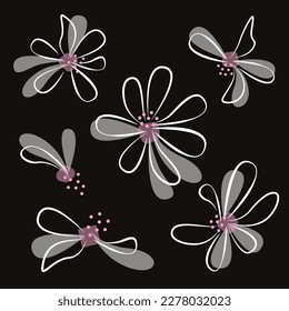 Spring flowers on a black background. Vector stylized image. Flowers of fruit trees.