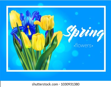 spring, flowers on blue 3D background , tulips and irises, bokeh effect, vector illustration