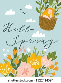 Spring flowers on the blue sky and girl flying in a balloon. Spring poster or greeting card  design with lettering - 'Hello spring'. Vector cute hand drawn illustration.