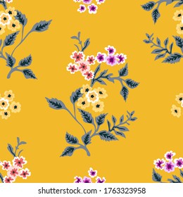 Spring flowers on golden background. Vintage print with small inflorescences. Retro textile collection. Seamless vector pattern.