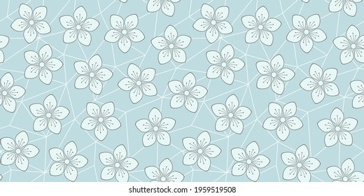 Spring flowers on a pale blue geometric polygonal background. Vector seamless pattern for wrapping paper, packaging, wrapper, cover, banner, website wallpaper, surface textures and printing on textile