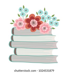 Spring flowers on a pile of books. Flat Illustration on white background