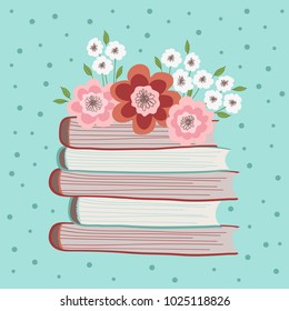 Spring flowers on a pile of books. Flat Illustration on a turquoise background with dots