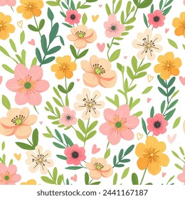 Spring flowers on white background. Vector Seamless Pattern. Hand drawn illustration.