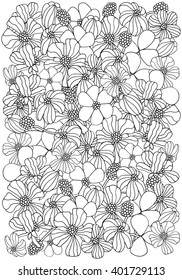 Spring flowers on white background. A4 size. Hand-drawn, doodle, vector, zentangle, design elements.  Black and white  background. Made by trace from sketch. Zen art. Coloring book page for adult.