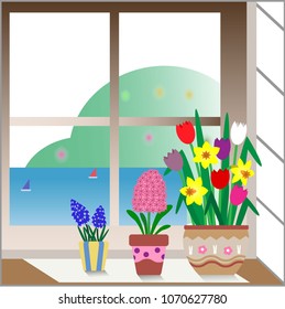 Spring flowers on windowsill, vector illustration