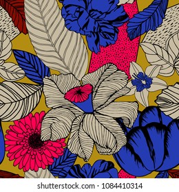 Spring  flowers on yellow background, Seamless pattern.