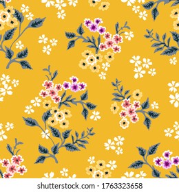 Spring flowers on yellow background. Vintage print with small inflorescences. Retro textile collection. Seamless vector pattern.