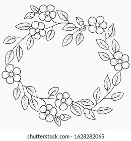 Spring flowers oval frame with blank space for text. Hand-drawn doodle outline elements for banner, postcard, social networks template. Stock vector illustration isolated on transparent background.
