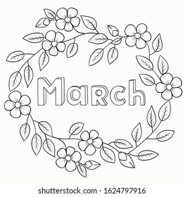 Spring flowers oval frame with phrase March. Hand-drawn doodle outline elements and text for planner, calendar, postcard and social networks template. Stock vector isolated on transparent background.