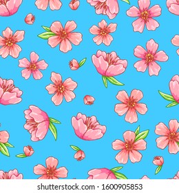 Spring flowers in the park on a tree branch. Holiday. Sakura. Japanese festival. Peach tree. Pink bloom. Seamless background with pattern.