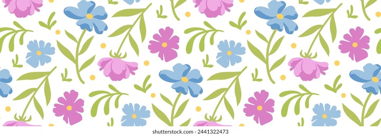 Spring flowers pattern. Floral print. Blue and pink small flowers and leaves. Botanic background for invitation, weddings, textiles, wallpapers, wrapping paper, packaging. Vector flat illustration.