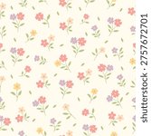 Spring flowers pattern. Vector floral pattern with small flowers in pink, yellow, cream tones. For spring, summer prints, packaging, cute stationery, kitchen decor, fabric design, textiles