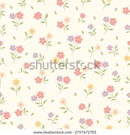 Spring flowers pattern. Vector floral pattern with small flowers in pink, yellow, cream tones. For spring, summer prints, packaging, cute stationery, kitchen decor, fabric design, textiles