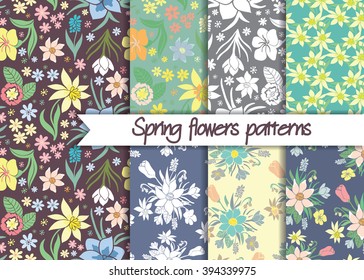 Spring flowers patterns. Set of seamless colorful vector patterns.Floral patterns. Floral seamless vector patterns. Vector floral backgrounds. Set of floral vector seamless textile ornaments. 