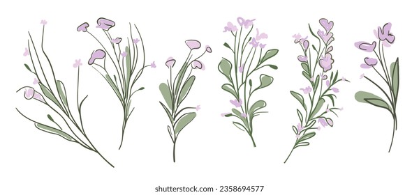 Spring flowers pink set on white background. Wildflowers collection. Floral minimal design. Botanical vector illustration. 