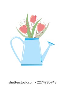 spring flowers. pink tulips in vase. spring card. Garden watering can with flowers. blue garden watering can with flowers.