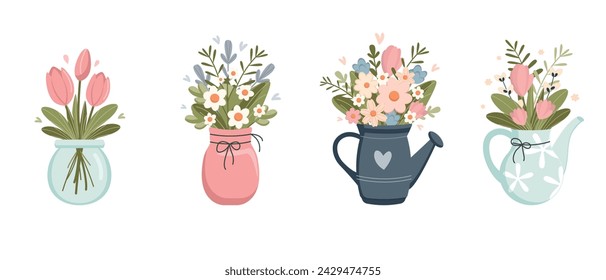 Spring flowers in a pink vase, glass jars and watering can set isolated on white background. Spring bouquet. Vector illustration. Flat cute style.